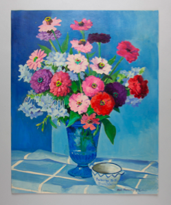 Image of Still Life (zinnias pink, purple, in blue glass vase w/ cup)