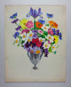Image of Still Life (iris, bachelor buttons, daisies, dogwood, pansies, violets arranged in silver trophy) 
