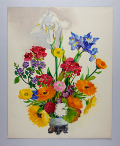 Image of Still Life (iris, calendulas, geraniums, gerbera, rose, etc. in low oriental vase)