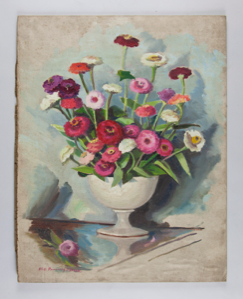 Image of Still Life (red zinnias in white vase)