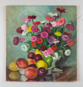 Image of Still Life (floral arrangement in white vase and fruit)