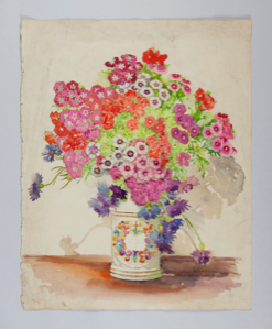 Image of Still Life (pansies and bachelor buttons in white vase)