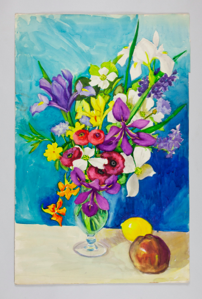 Image of Still Life (vase of flowers with apple and lemon on a table)
