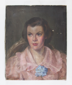Image of Portrait of Woman (in pink ruffled dress, blue flower)