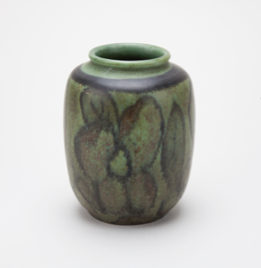 Image of Small Green Vase with Flower and Leaf Detail