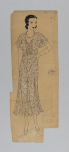 Image of Women in calf-length floral dress and gloves