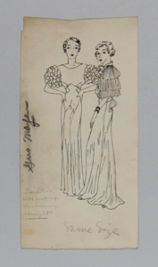 Image of Two Women in Frilled-Sleeved Evening Gowns