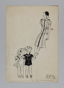 Image of Two Children in Sailor Outfits and Woman in Striped Dress