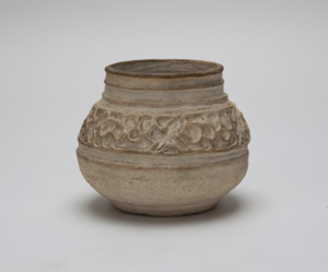 Image of Unfired Vase with Horizontal Bands and Abstract Design