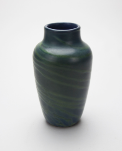 Image of Small Blue Vase with Stylized Teal Line Design
