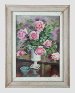 Image of Still Life with Pink Roses in a White Vase