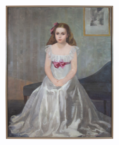 Image of Portrait of a seated young girl in white dress and pink bows