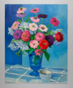 Image of Still Life (zinnias pink, purple, in blue glass vase w/ cup)