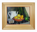 Image of Still Life with Ceramic Pitcher, Striped Box, and Fruit