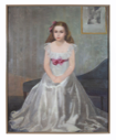 Image of Portrait of a seated young girl in white dress and pink bows