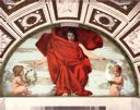 Image of Untitled; painting of Melpomene, figure dressed in red cloth with two angels on each side